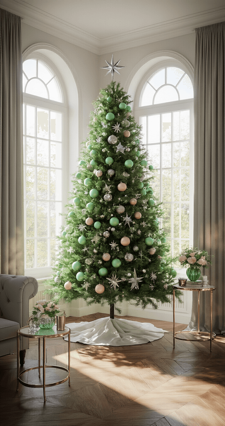 Nostalgic Charm: How to Create the Perfect Vintage Christmas Tree Art deco inspired formal living room with arched windows, herringbone hardwood floors, and early morning light casting dramatic shadows. A slender green tree in the bay window is decorated with mint green, blush pink, and silver glass ornaments, topped with a vintage 1950s silver star. Crystal and brass side tables with vintage accessories complement the pale grey silk drapes. High contrast image highlights geometric patterns.