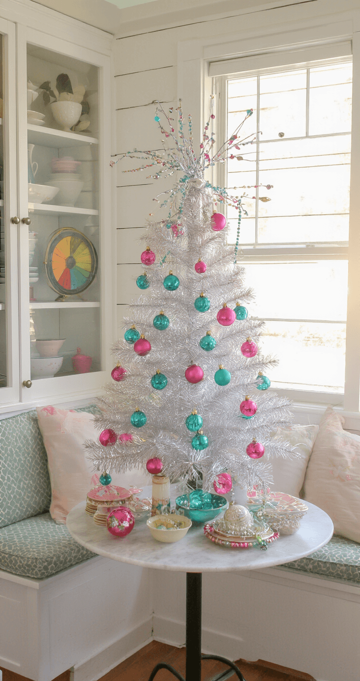 Nostalgic Charm: How to Create the Perfect Vintage Christmas Tree A cozy breakfast nook features a built-in window seat and a round marble bistro table with a silver tinsel tree adorned with pink and turquoise Shiny Brite ornaments. Soft morning light spills through, creating a rainbow effect on the metallic branches, while vintage pastel Pyrex is displayed in glass-front cabinets against white shiplap walls.