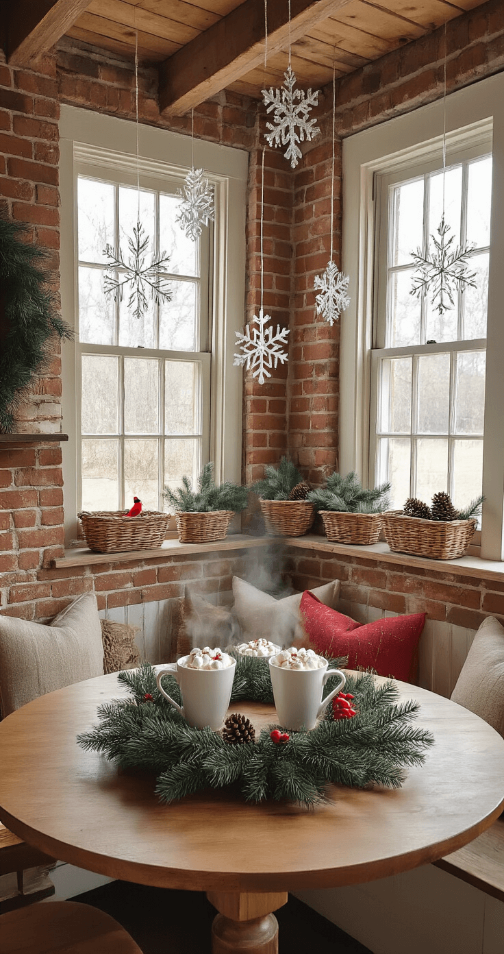 Magical Christmas Kitchen Decor: Transform Your Cooking Space into a Festive Wonderland A cozy rustic breakfast nook with exposed brick walls and wooden beams, featuring a round farmhouse table adorned with a pine garland and red cardinal accents. Sunlight filters through frosted windows with crystal snowflakes, and steaming mugs of hot cocoa sit on the table. Woven baskets filled with pinecones and evergreen branches are showcased on distressed wooden shelves, captured from a low angle to highlight the warm textures.