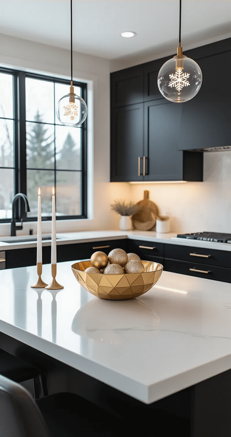 Magical Christmas Kitchen Decor: Transform Your Cooking Space into a Festive Wonderland A contemporary kitchen with matte black cabinets and a white quartz island, illuminated by winter light, featuring a geometric gold bowl of metallic ornaments, brass candle holders, and snowflake-patterned pendant lights, captured from a high angle to emphasize clean lines and negative space.