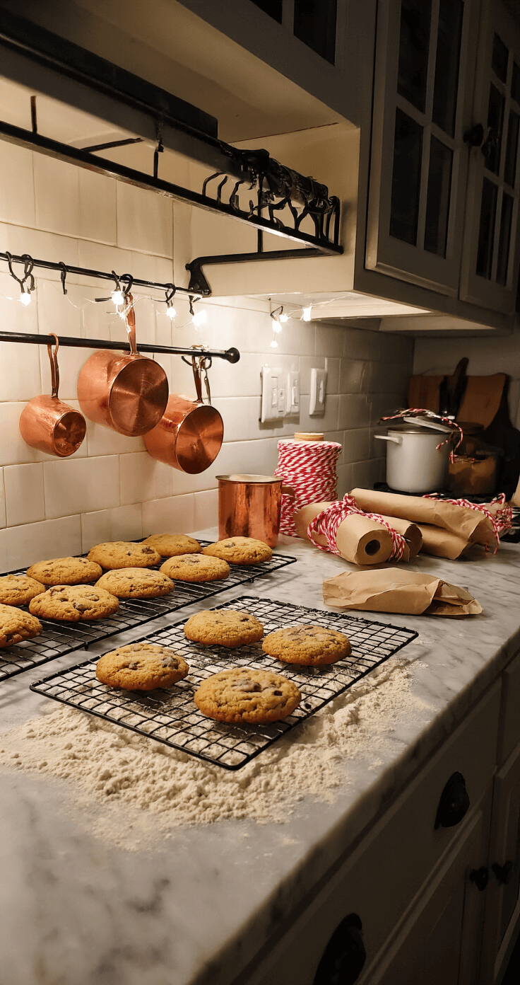 Magical Christmas Kitchen Decor: Transform Your Cooking Space into a Festive Wonderland An intimate, dimly-lit cottage kitchen features a flour-dusted marble countertop with freshly baked cookies cooling on vintage wire racks, warm under-cabinet lighting creates a cozy atmosphere, a wrought iron pot rack adorned with copper measuring cups wrapped in twinkle lights, and spools of red and white striped baker's twine beside kraft paper-wrapped treats.