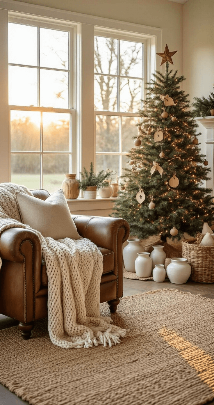DIY Christmas Decor: Transform Your Home with Budget-Friendly Festive Magic A cozy farmhouse living room filled with warm sunlight, showcasing a leather armchair with a knit throw, a 7ft Christmas tree decorated with wooden ornaments, and a reclaimed wood mantel adorned with mason jars of pine branches and fairy lights, all set on a jute rug with a soft color palette of browns, cream, and sage green.