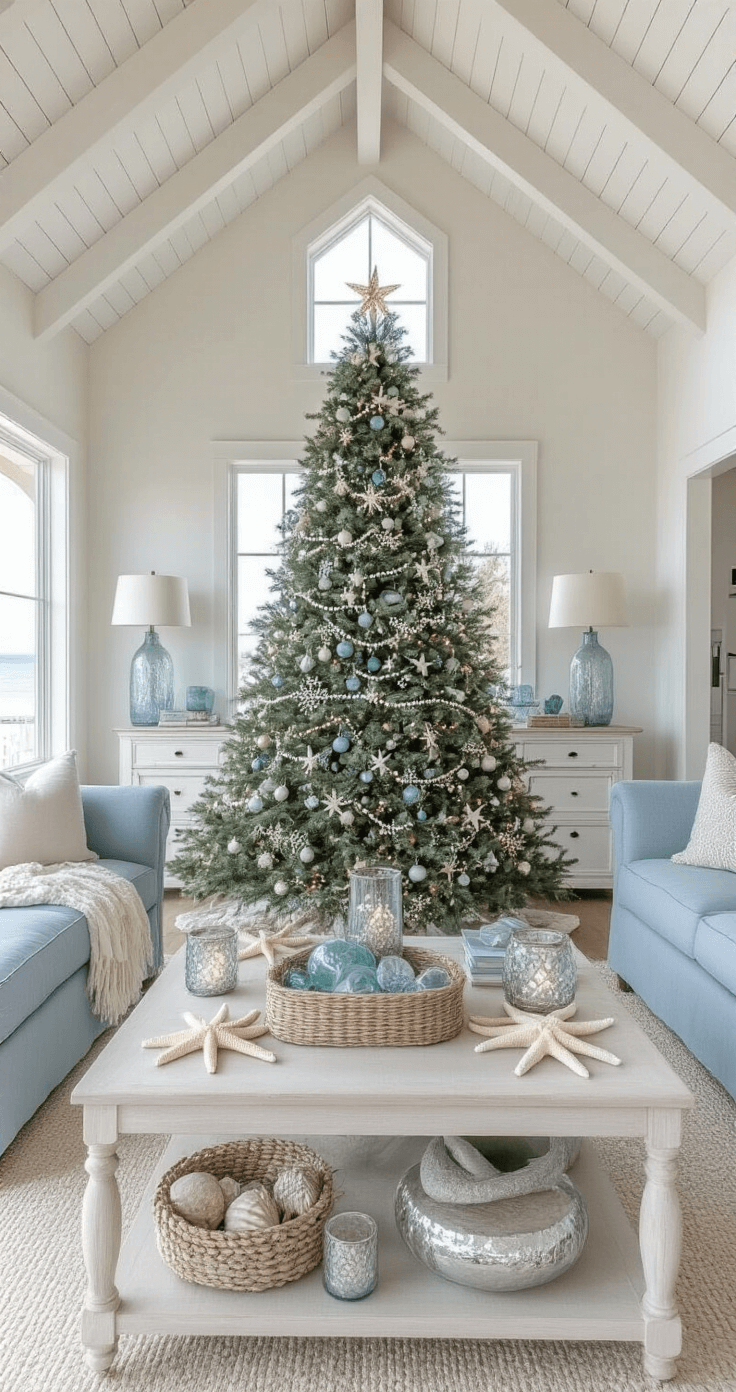DIY Christmas Decor: Transform Your Home with Budget-Friendly Festive Magic Airy coastal living space with high vaulted ceiling and exposed white beams, featuring a central 6ft flocked Christmas tree adorned with sea glass ornaments and starfish, surrounded by driftwood accents and mercury glass hurricanes on a whitewashed console, complemented by a blue-grey linen sofa with ivory throws, all bathed in cool daylight to highlight the soft blue, sandy beige, and crisp white color scheme.