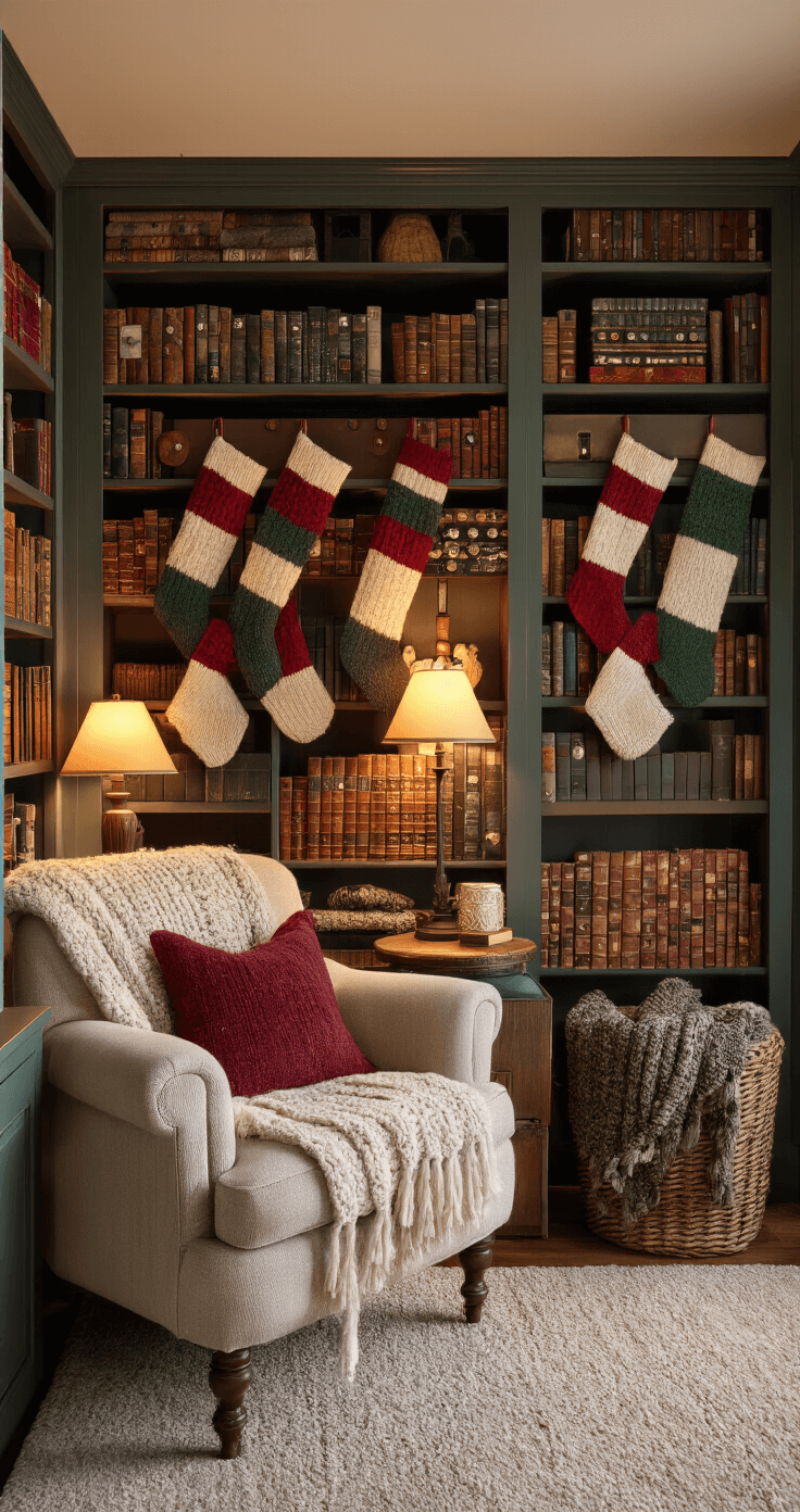 DIY Christmas Decor: Transform Your Home with Budget-Friendly Festive Magic A cozy den at twilight featuring a floor-to-ceiling bookshelf wall with upcycled sweater stockings, a plush armchair in a reading nook with knitted throw pillows, and warm ambient lighting from table lamps, with rich winter colors of burgundy, forest green, cream, and charcoal grey.