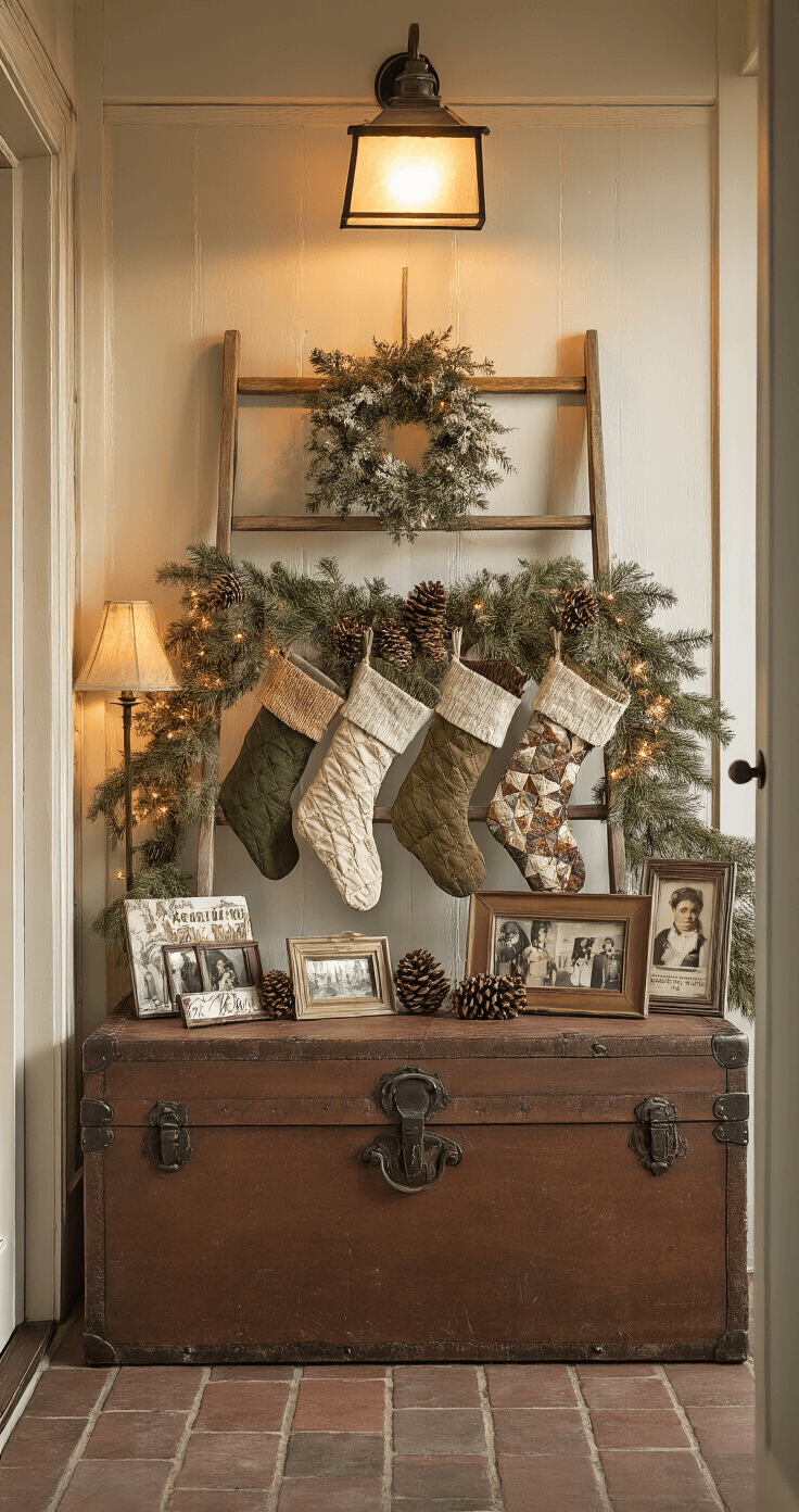 DIY Christmas Decor: Transform Your Home with Budget-Friendly Festive Magic A rustic entryway at dawn features a handcrafted holiday vignette with a vintage ladder displaying quilted stockings, pinecone garlands, and family photos in weathered frames. An antique trunk serves as a console table, while cool morning light mingles with the warm glow of a lamp, all set in earth tones of terracotta, olive, cream, and copper.