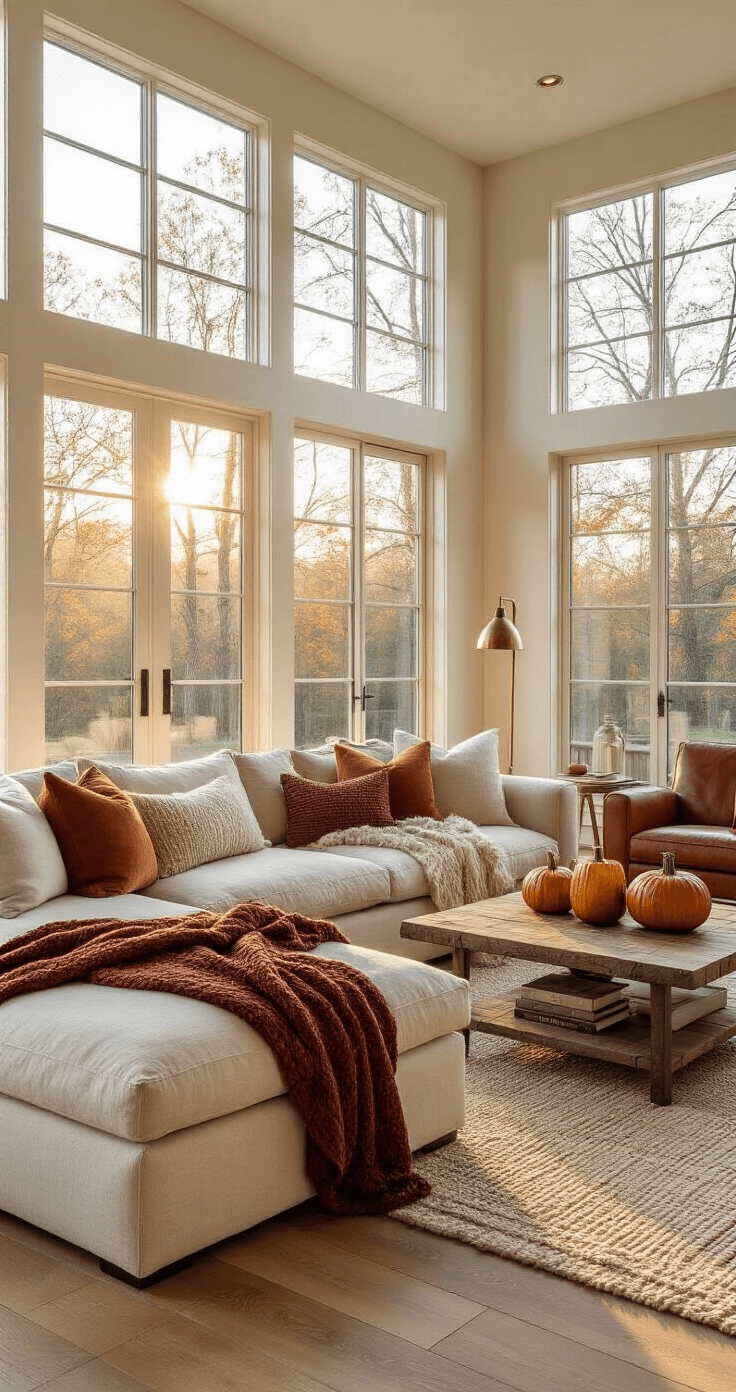 Fall Home Decor: Transform Your Space into a Cozy Autumn Haven A spacious living room with golden hour light through floor-to-ceiling windows, featuring a cream linen sectional with knit throws, a cognac leather armchair in a reading nook, a reclaimed wood coffee table with ceramic pumpkins and amber glass candles, and warm artificial lighting for atmosphere.