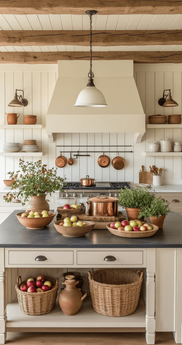 Fall Home Decor: Transform Your Space into a Cozy Autumn Haven A rustic farmhouse kitchen featuring exposed wooden beams, cream shiplap walls, a center island with a fall vignette of copper cookware, woven baskets of apples, and terracotta pots of fresh herbs, all illuminated by warm under-cabinet lighting.