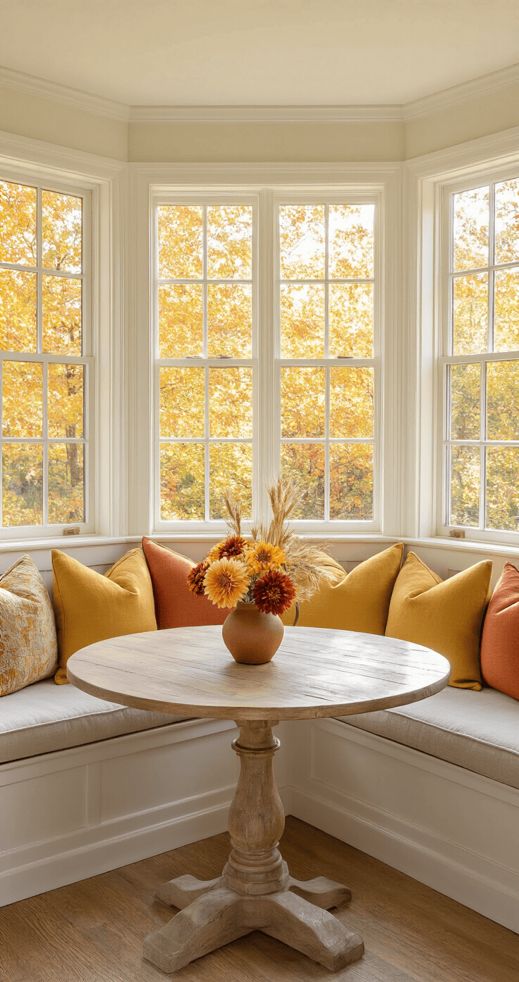 Fall Home Decor: Transform Your Space into a Cozy Autumn Haven A sunlit autumn breakfast nook featuring a built-in banquette with mustard yellow and rust orange pillows, a round weathered oak table adorned with dahlias and wheat in an earthenware vase, set against bay windows that showcase vibrant fall foliage.