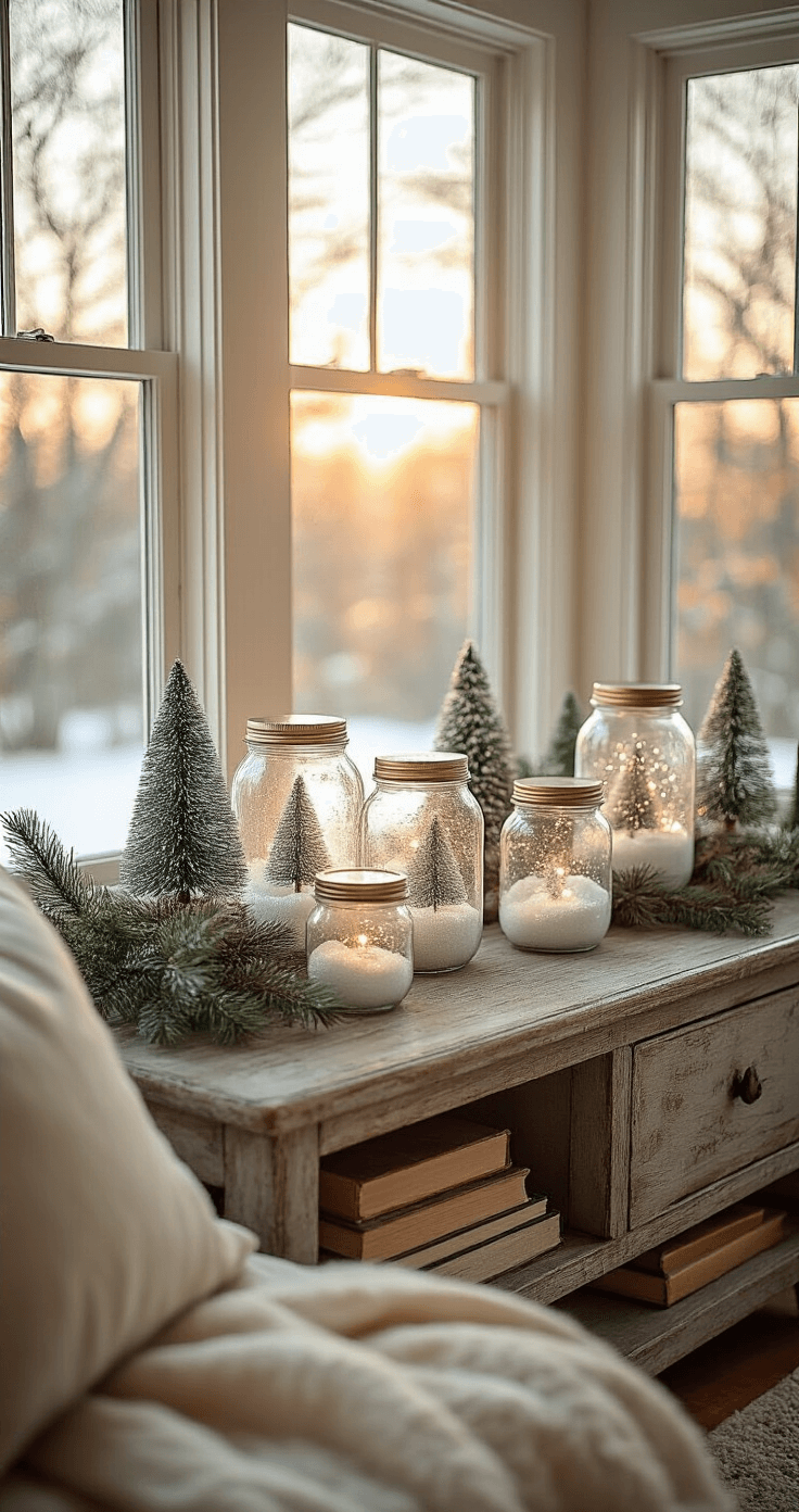 DIY Christmas Decor: Create Magical Holiday Spaces on a Budget Cozy living room corner bathed in warm golden hour light, featuring a weathered wooden console table adorned with mason jar snow globes, miniature pine trees, and vintage books, all surrounded by an elegant color palette of winter white, aged brass, forest green, and crystalline blue.