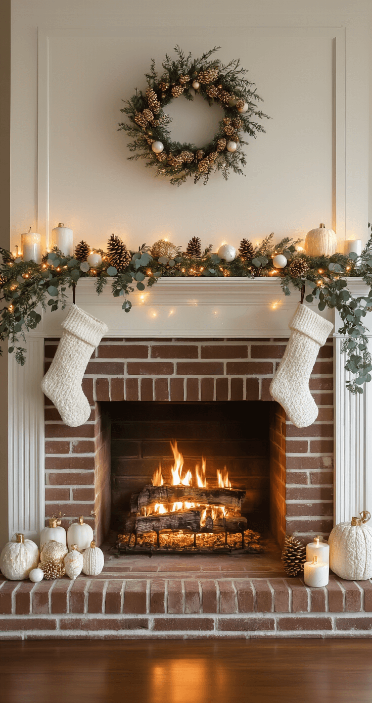 DIY Christmas Decor: Create Magical Holiday Spaces on a Budget Intimate dusk shot of a brick fireplace mantel adorned with white stockings, gold-painted pinecone ornaments, eucalyptus garland, and warm fairy lights, featuring rich burgundy, metallic gold, and deep forest green decor against cream walls.