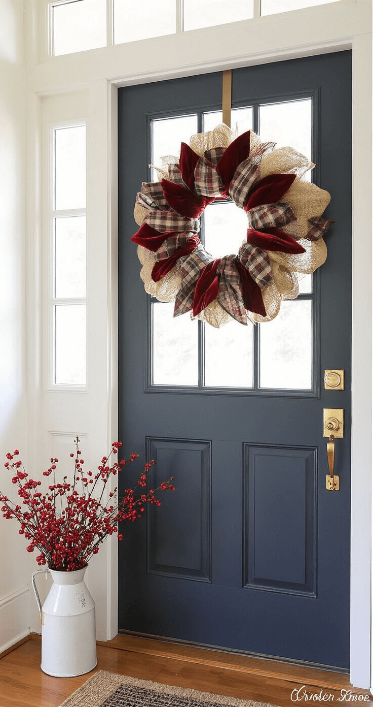 DIY Christmas Decor: Create Magical Holiday Spaces on a Budget A bright entryway with a charcoal door adorned by a dramatic fabric-wrapped wreath, illuminated by morning light streaming through sidelights. The wreath features layers of plaid flannel, burgundy velvet, and metallic burlap ribbons, complemented by brass hardware and a vintage milk jug filled with red berries. The scene showcases colors of navy, crimson, gold, and cream.