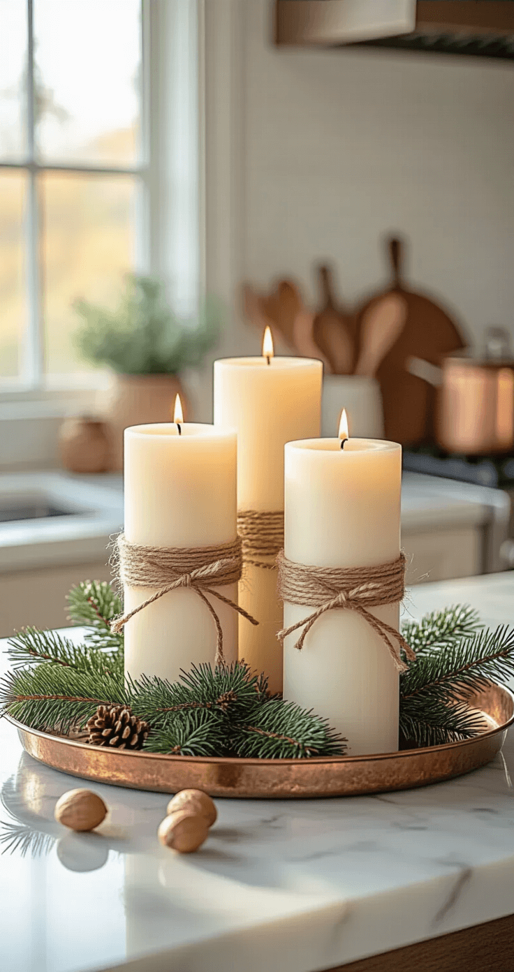 DIY Christmas Decor: Create Magical Holiday Spaces on a Budget A warm afternoon light illuminates a kitchen island vignette featuring tall white pillar candles wrapped in cinnamon sticks and twine on an aged copper tray, complemented by fresh pine boughs and scattered whole nuts on a marble countertop. Soft focus copper cookware is visible in the background.