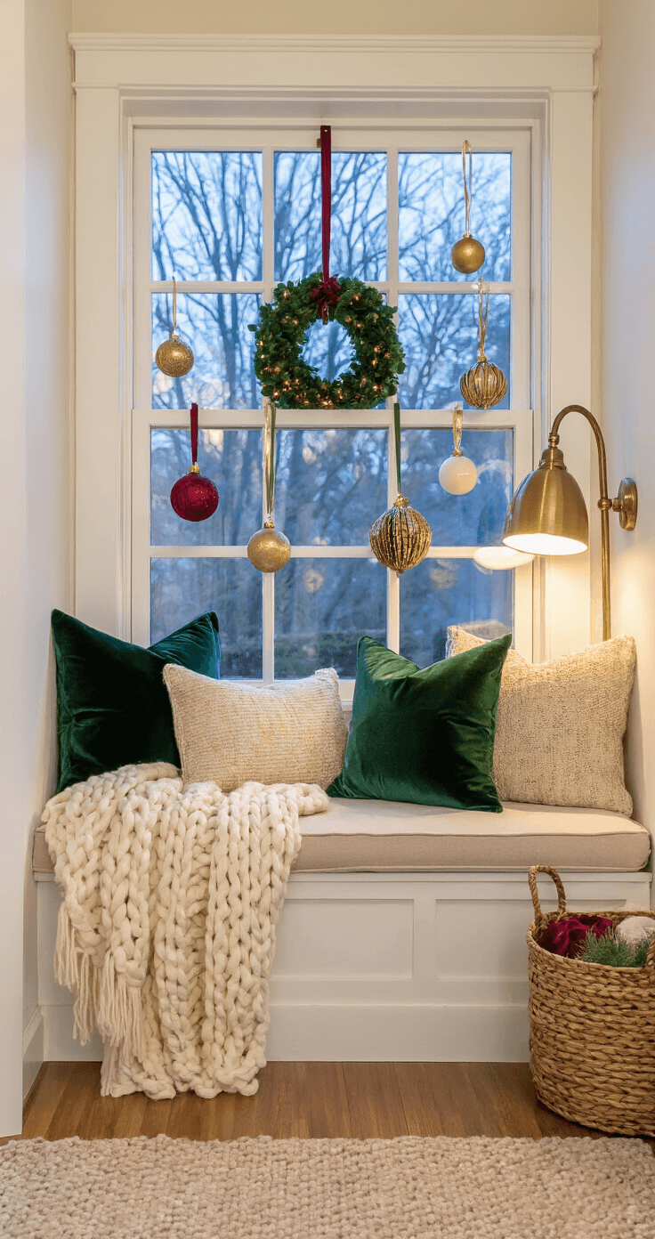 DIY Christmas Decor: Create Magical Holiday Spaces on a Budget A cozy window seat reading nook featuring layered holiday pillows in velvet and knit textures against a white-painted window frame, with DIY ornaments hanging at varying heights, a chunky cream throw blanket, and a vintage brass reading lamp, all illuminated by twilight in emerald, gold, cream, and burgundy tones.