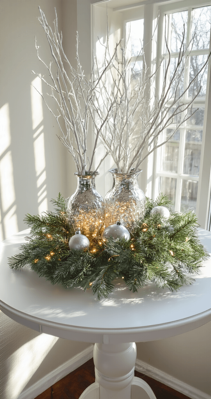 DIY Christmas Decor: Create Magical Holiday Spaces on a Budget A round pedestal breakfast nook table styled at dawn, showcasing DIY mercury glass vessels with white branches and fairy lights as a centerpiece, surrounded by scattered vintage silver ornaments and fresh greenery. Morning light casts dramatic shadows through the window panes, with a color palette of silver, white, sage green, and hints of pale blue.