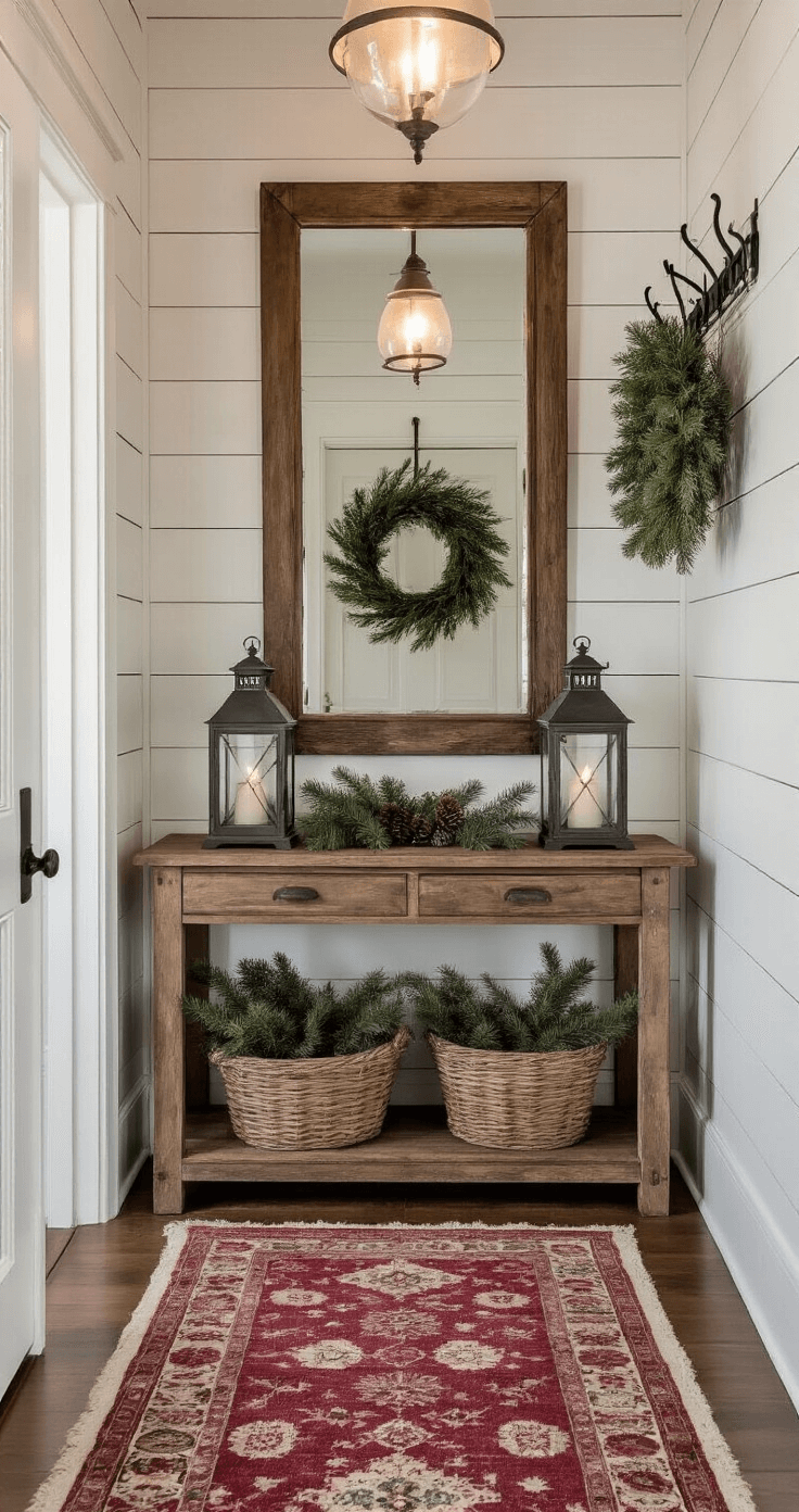 Farmhouse Christmas Decor: Create a Cozy, Vintage-Inspired Holiday Haven Welcoming farmhouse entryway at dusk featuring a vintage wooden console table under a distressed mirror, adorned with mercury glass lanterns and pine branches. A hand-knotted runner in muted cranberry and ivory leads down the hallway, flanked by a wrought iron coat rack with winter wreaths. The scene is illuminated by indirect lantern light, showcasing white-painted shiplap walls and a dark wood door in deep reds, antique whites, aged iron, and natural greenery.