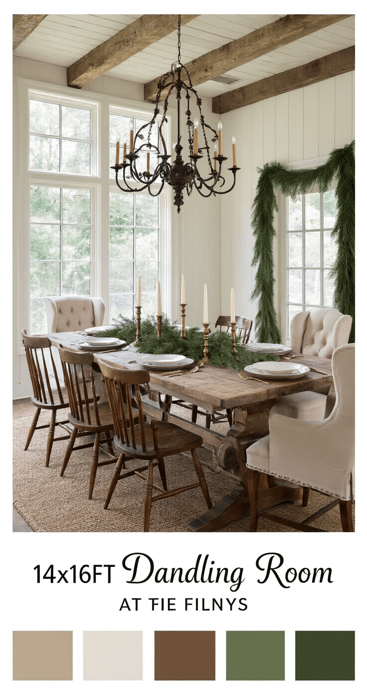 Farmhouse Christmas Decor: Create a Cozy, Vintage-Inspired Holiday Haven Rustic dining room with a reclaimed wood table set for eight, featuring ironstone plates and brass candlesticks, complemented by a fresh pine centerpiece. Windsor and cream linen upholstered chairs surround the table, beneath a dramatic iron chandelier draped in cedar garland, all illuminated by warm candlelight.