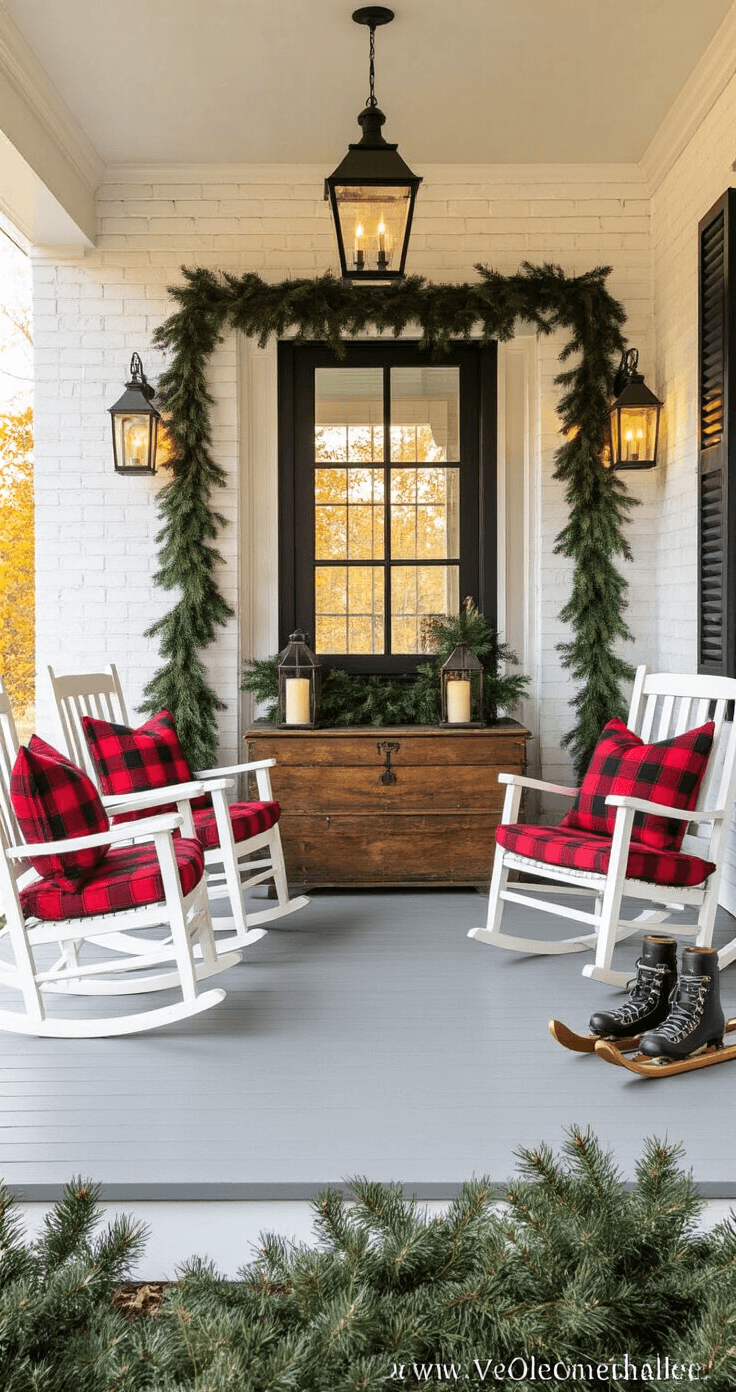 Farmhouse Christmas Decor: Create a Cozy, Vintage-Inspired Holiday Haven A spacious covered porch at sunset features whitewashed brick walls and black-framed windows, adorned with rocking chairs with red plaid cushions and a vintage wooden chest. Oversized lanterns with battery candles cast a warm glow, while fresh pine garland frames the doorway. An antique sled and ice skates add a nostalgic touch, with golden hour lighting enhancing the scene.