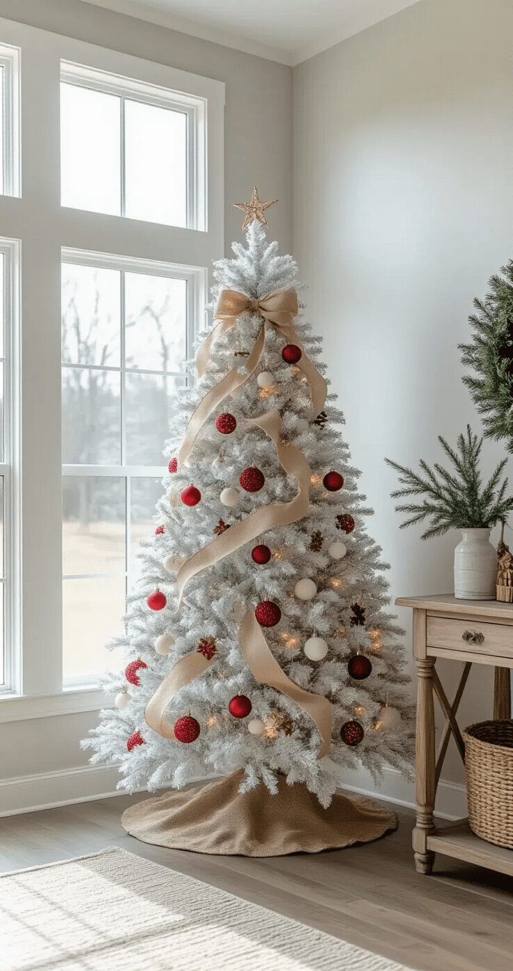 How to Create a Stunning Red and White Christmas Tree: A Festive Decor Guide Bright great room with a beautifully decorated white Christmas tree featuring farmhouse-style accents, pale gray walls, and morning light filtering through large windows, creating a warm and inviting atmosphere.