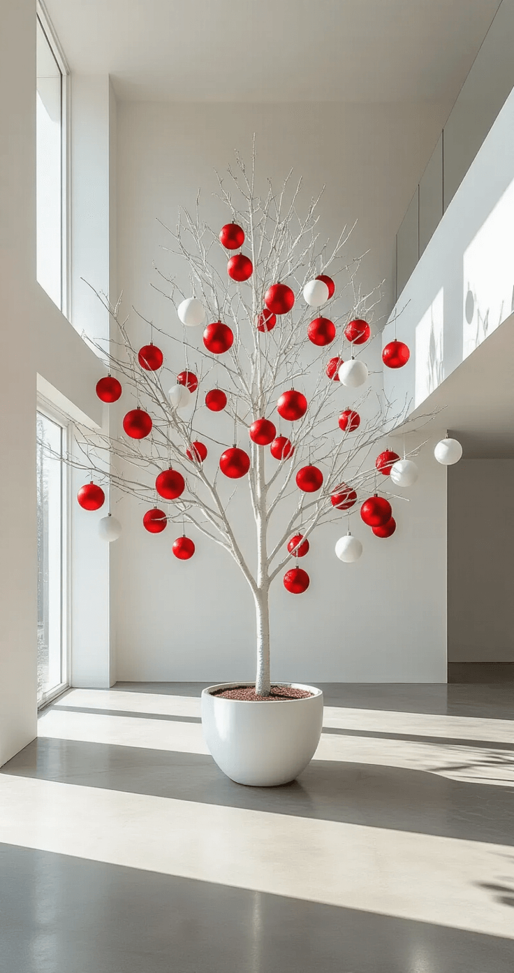 How to Create a Stunning Red and White Christmas Tree: A Festive Decor Guide A minimalist open-concept space featuring a white tree adorned with red and white spherical ornaments, set against a backdrop of modern architecture, with dramatic afternoon light casting shadows on concrete floors and white walls.