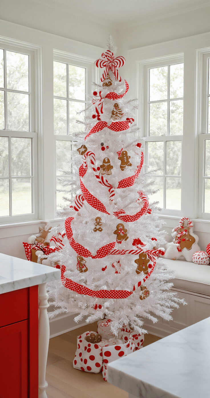 How to Create a Stunning Red and White Christmas Tree: A Festive Decor Guide A bright kitchen breakfast nook featuring a 6ft white tree adorned with oversized candy cane ornaments, gingerbread figures, and polka dot ribbon. Morning light streams through bay windows, illuminating a white marble table with red accents in the foreground. The scene is captured from an eye-level three-quarter view, showcasing a playful modern style with retro influences.