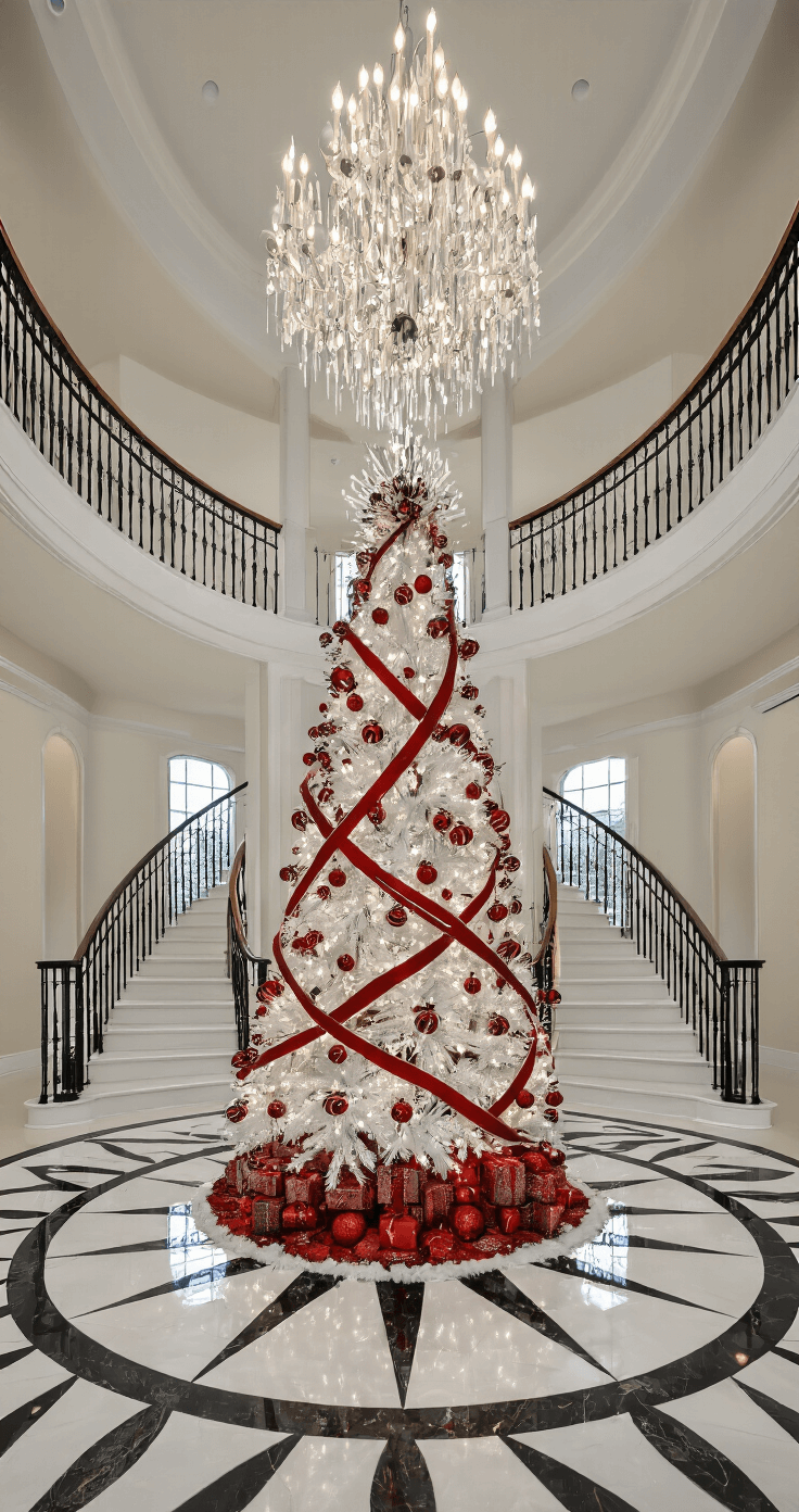 How to Create a Stunning Red and White Christmas Tree: A Festive Decor Guide A grand double-height entry foyer featuring a 9ft white tree with dramatic ribbons and red ornaments, set before a curved staircase on a black and white marble floor. Illuminated by chandelier and tree lights, the scene is captured from a second-floor landing in an evening lighting scenario.
