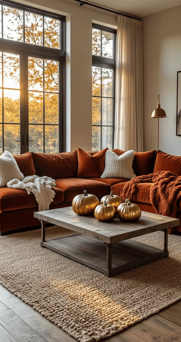 A cozy living room at golden hour featuring a rust-colored velvet sectional with chunky knit throws, a weathered oak coffee table adorned with metallic and velvet pumpkins, layered jute and Persian rugs, and a brass floor lamp, all illuminated by sunlight streaming through floor-to-ceiling windows.