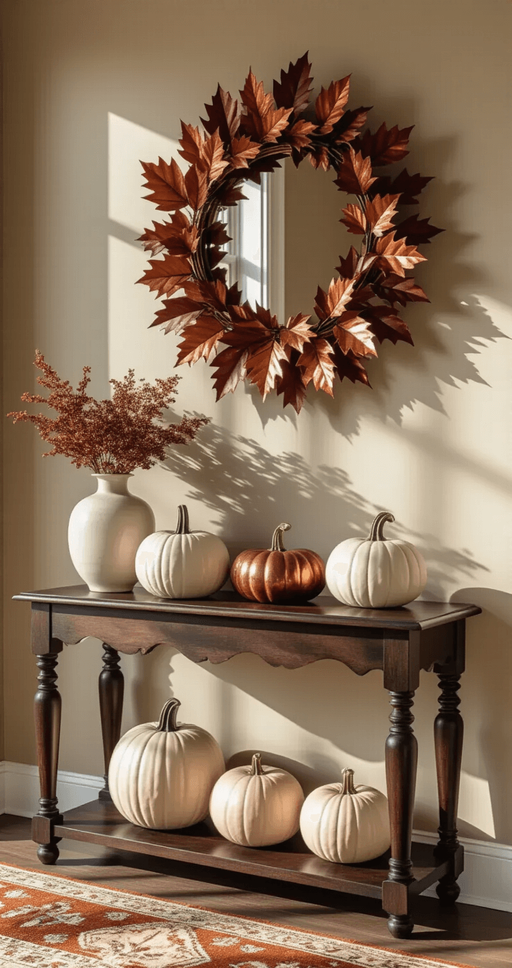 Intimate entryway featuring a vintage dark walnut console table against a warm greige wall, illuminated by dramatic morning light. An oversized copper and burgundy maple leaf wreath casts shadows, while a collection of matte cream and copper metallic ceramic pumpkins in varying sizes adorn the table. A vintage brass mirror reflects the natural light, complemented by a Turkish runner in rust and ochre tones, captured from a low angle to emphasize height variation.