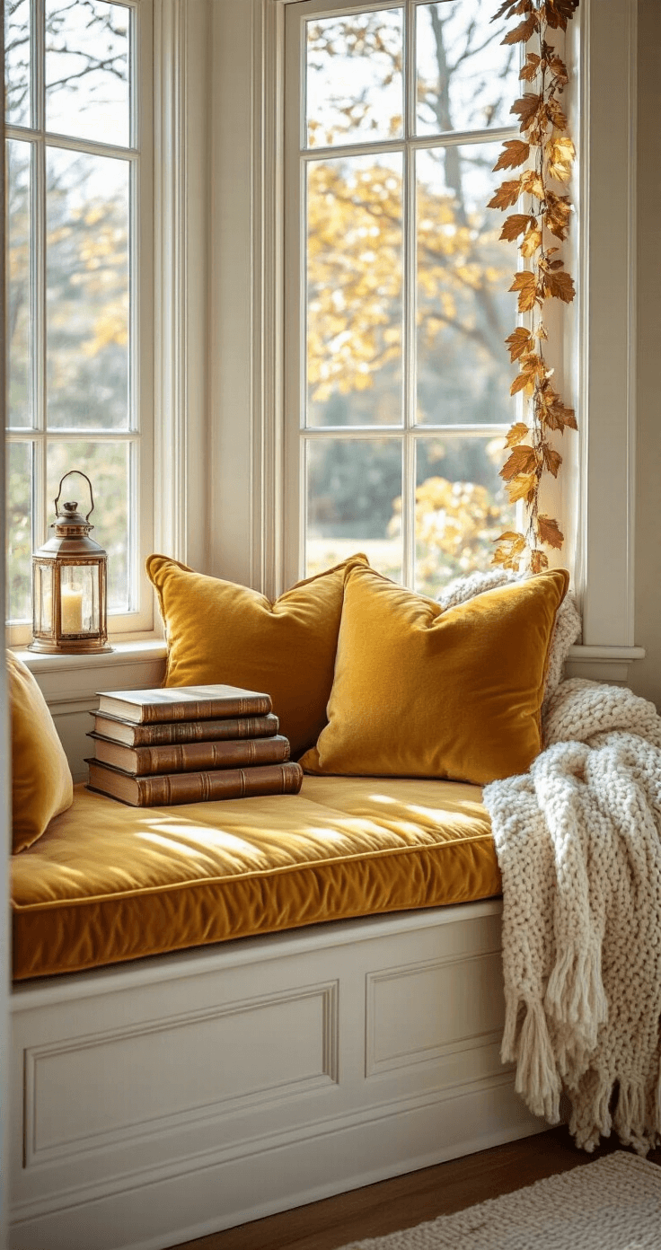A cozy reading nook bathed in morning light, featuring a bay window with a mustard yellow velvet cushioned bench, vintage leather books, a weathered copper lantern, and a chunky cream wool throw, all framed by a copper and gold leaf garland against warm white walls.