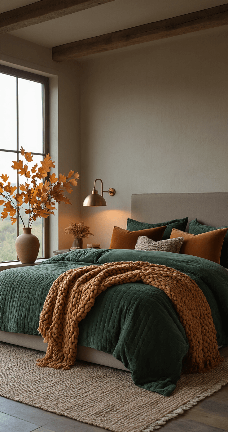 A wide-angle view of a master bedroom at dusk, featuring a king bed dressed in a deep forest green quilted velvet duvet, a caramel chunky knit throw, and assorted fall-toned pillows. Vintage brass table lamps provide a warm glow, while a tall ceramic vase holds a dried oak leaf arrangement, creating a moody and romantic atmosphere with soft fading light.