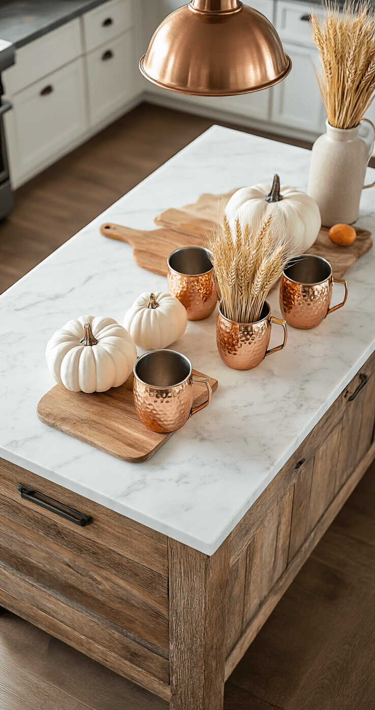 Close-up of a rustic kitchen island with a white marble top, styled with a fall vignette featuring copper Moscow mule mugs with wheat stalks, ceramic white pumpkins, and vintage cutting boards, all illuminated by warm overhead pendant lighting.