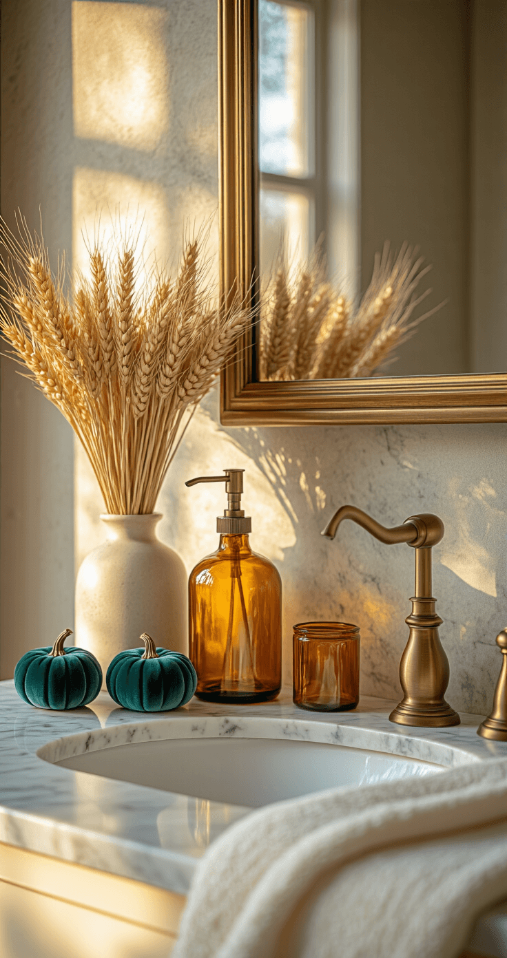 Bathroom vanity featuring a marble countertop with antique brass fixtures, adorned with amber glass vessels and a ceramic vase of dried wheat. Mini velvet pumpkins in deep teal complement the scene, while a vintage gold mirror reflects warm golden light. Textured ivory hand towels add contrast, captured straight on with a shallow depth of field emphasizing the textures.