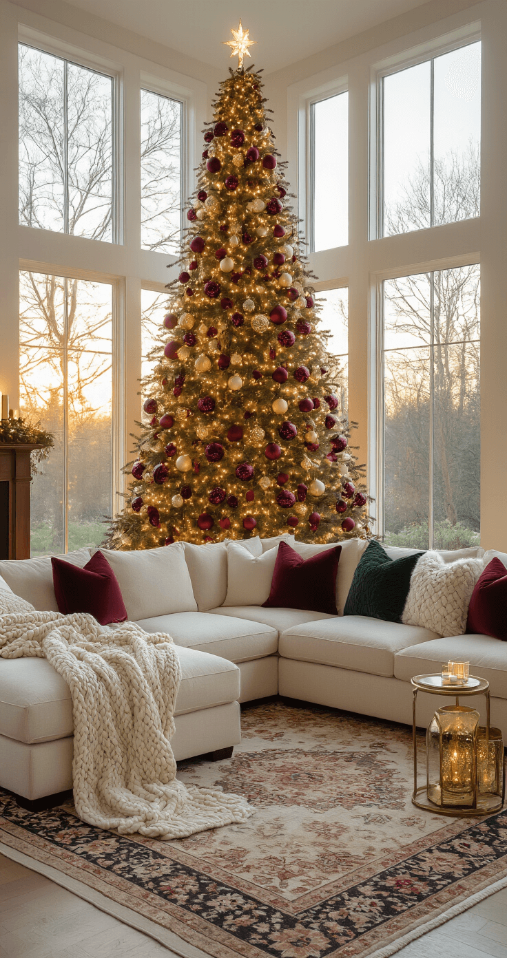 A spacious living room at golden hour featuring a majestic 9ft Christmas tree with vintage glass ornaments, a cream sectional sofa with chunky knit throws, aged brass side tables with hurricane lamps, and a Persian rug, all illuminated by warm sunlight and twinkling tree lights.