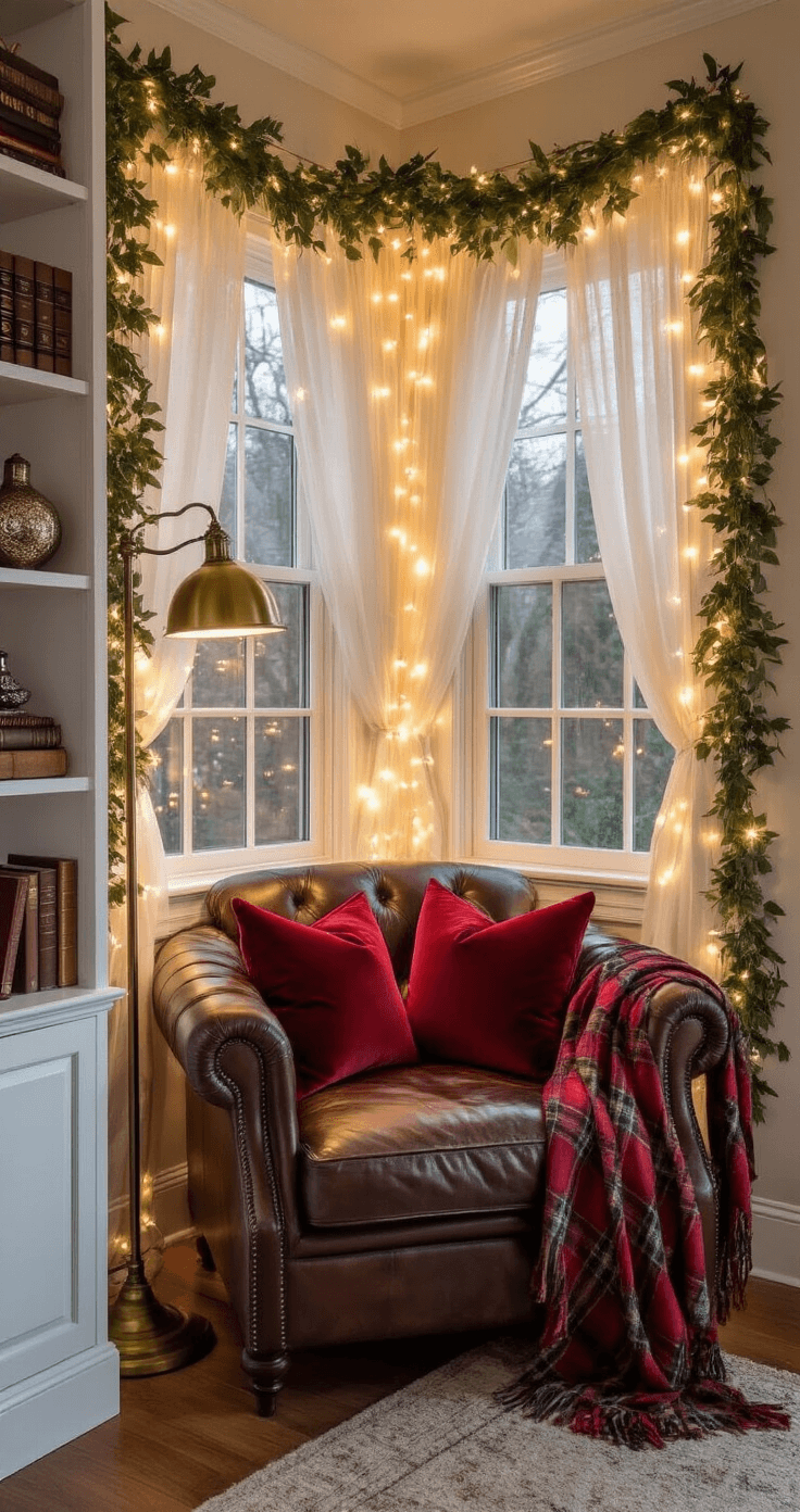 A cozy reading nook at dusk featuring a bay window adorned with fairy lights and gauzy curtains. An oversized leather armchair with red velvet pillows and a tartan throw sits beside a vintage brass floor lamp. White built-in shelves showcase greenery garlands, vintage books, and mercury glass ornaments, all framed by a natural pine garland. The image captures a low-angle view from the corner, emphasizing warmth and texture with twinkling lights in soft focus.