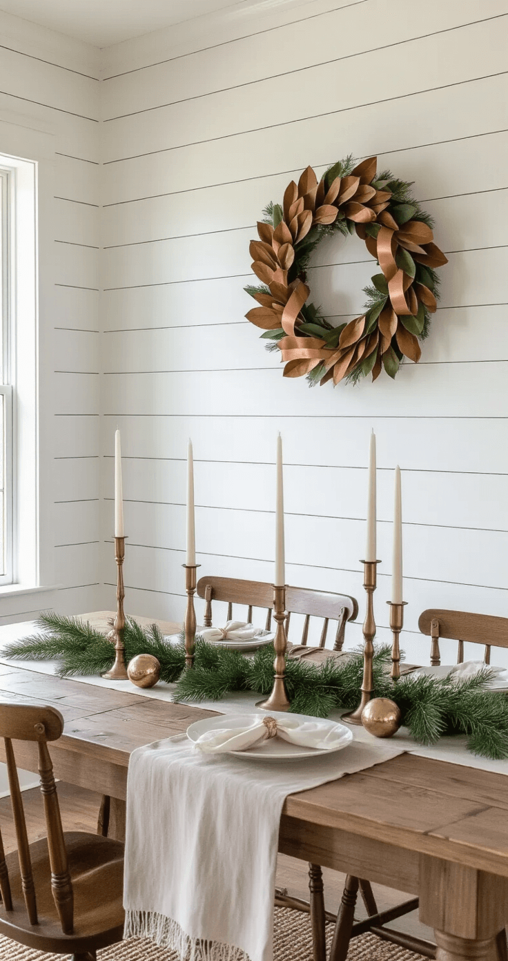 A modern farmhouse dining room bathed in late afternoon light, showcasing a 14ft shiplap accent wall adorned with an oversized magnolia wreath and copper ribbon. The rustic 8ft harvest table features a natural linen runner, fresh pine garland, and assorted brass candlesticks, with mixed metallic ornaments nestled among greenery. Windsor chairs with cream cushions surround the table, while natural light and candlelight enhance the organic textures and metallic reflections in the space.
