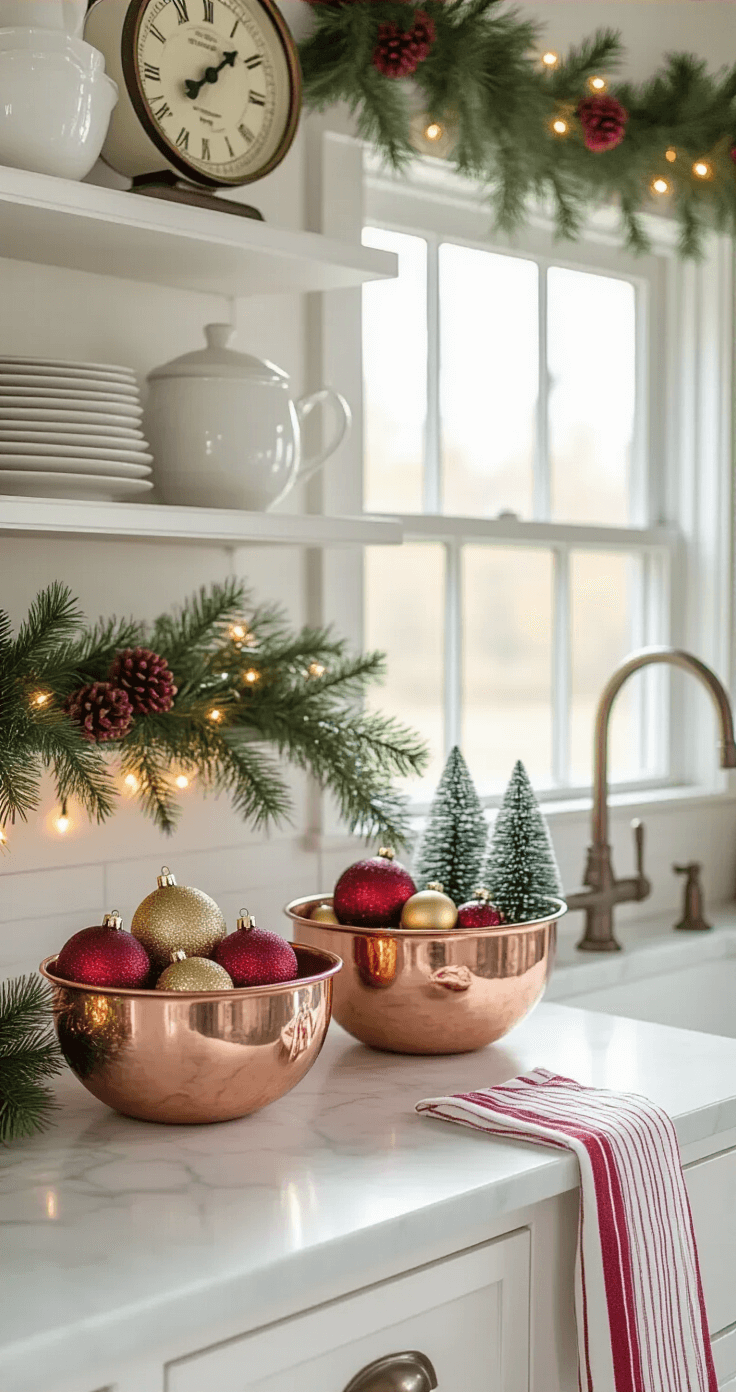 Kitchen vignette bathed in soft morning light, featuring a white marble counter with copper mixing bowls filled with burgundy and gold ornaments, fresh garland on open shelving, a vintage scale with mini trees, and string lights reflecting in the window above a farmhouse sink, all complemented by red and white striped tea towels, captured from a 45-degree angle with a sharp focus on foreground details and a gentle blur in the background.