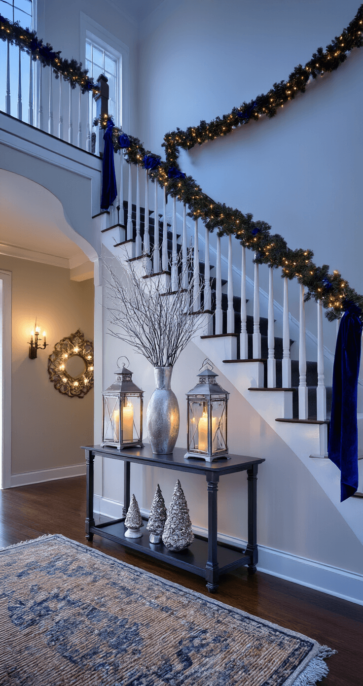 A grand entryway at twilight features a sweeping staircase adorned with lit garland and midnight blue velvet ribbon, oversized lanterns with flickering candles, a console table with silver mercury glass trees and white branches, and a sisal runner paired with a vintage overdyed rug, all bathed in dramatic shadows from uplighting.