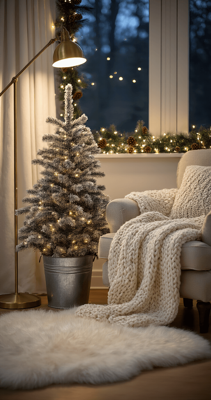 Cozy bedroom corner at night featuring a chunky knit ivory throw on an upholstered reading chair, a small flocked tree with cool white lights in a galvanized bucket, and a brass reading lamp casting warm light. A white sheepskin rug layers over hardwood floors, with a window adorned with pinecone garland and twinkle lights, creating an intimate and textured atmosphere with dramatic shadows.