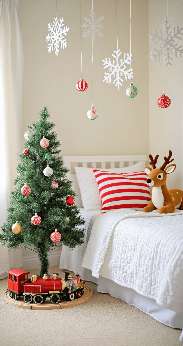 A cozy child's bedroom during magic hour, featuring a twin bed with white quilted bedding and red and white striped pillows, a mini artificial tree adorned with colorful vintage ornaments, suspended paper snowflakes, a wooden toy train around the tree base, and a soft stuffed reindeer against the pillows, all illuminated by golden hour light.