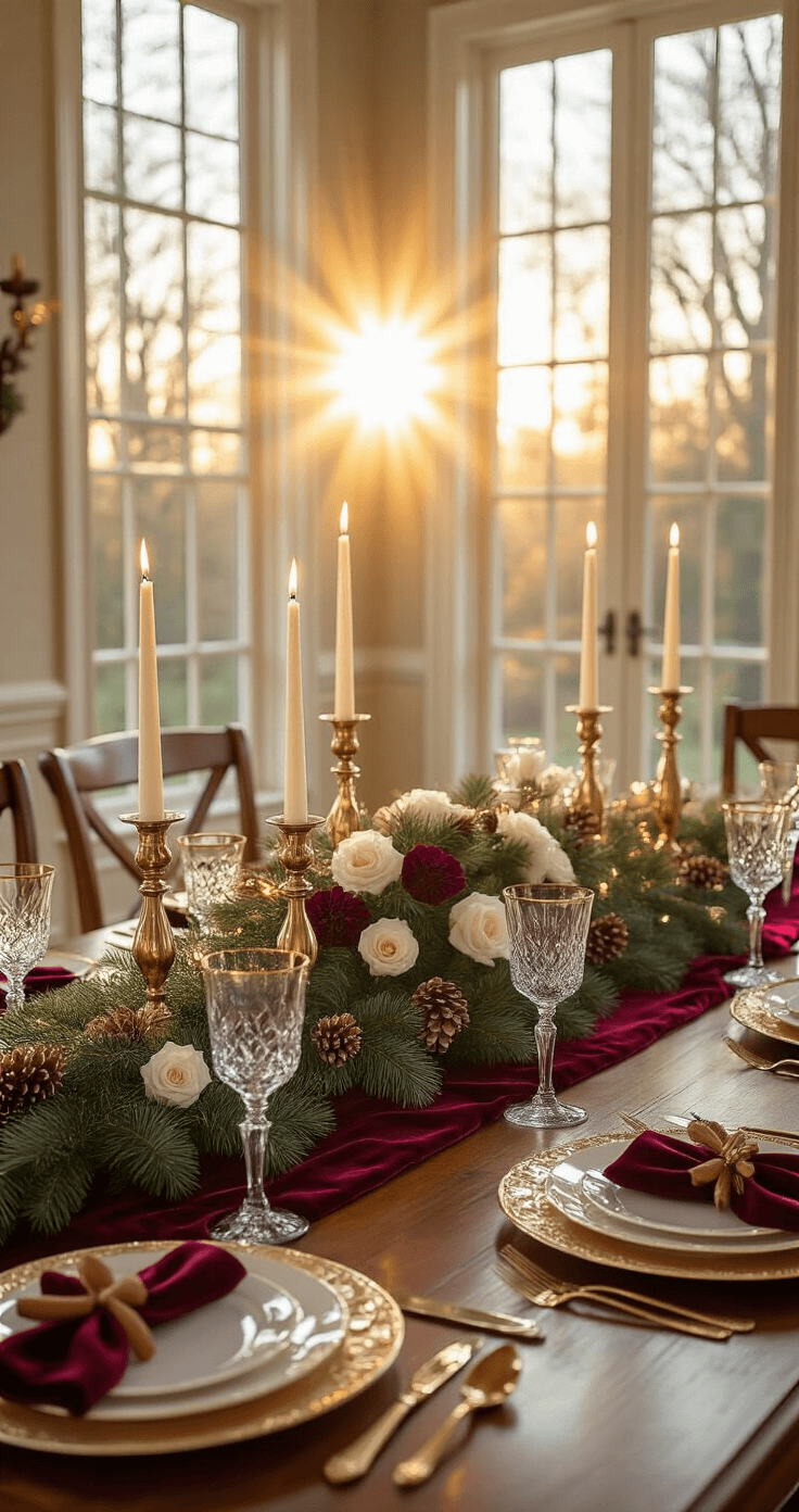A Magical Christmas Dining Table Decor: Your Ultimate Guide to Festive Entertaining Elegant dining room at golden hour featuring a mahogany table with a festive tablescape, including a velvet runner, mercury glass candleholders, and lush decorations, all illuminated by warm sunlight.