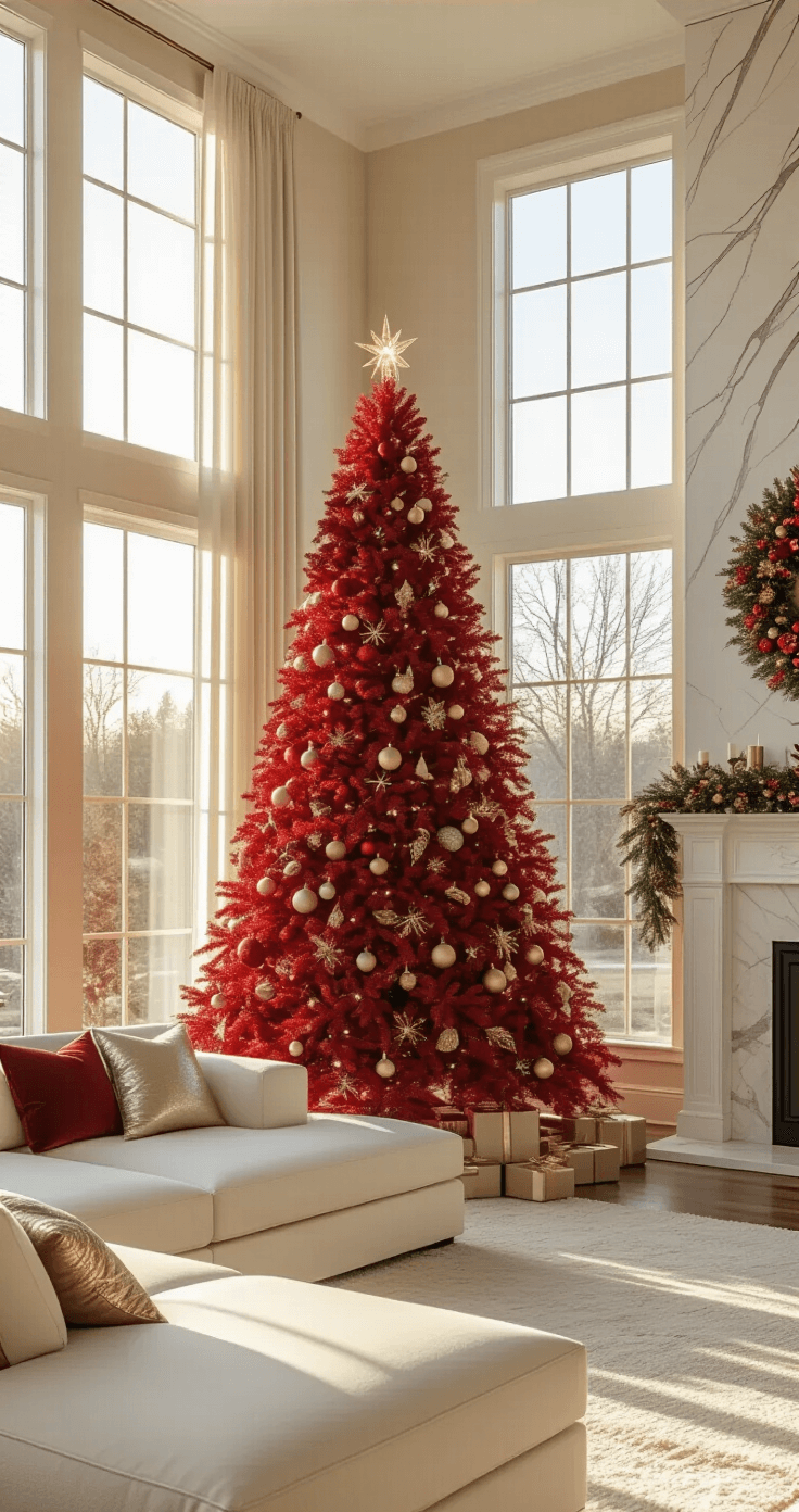 Bold & Brilliant: Styling a Red Christmas Tree That Transforms Your Holiday Decor A luxurious living room at golden hour, featuring a 7ft red Christmas tree in the corner, decorated with gold and crystal ornaments. Sunlight streams through floor-to-ceiling windows, highlighting a white marble fireplace with brass accents. A plush ivory sectional with metallic throw pillows completes the inviting scene.
