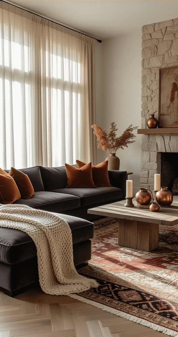 A wide-angle shot of a 20x24ft living room bathed in golden hour sunlight, featuring a charcoal velvet sectional with rust and olive pillows, oak herringbone floors, a vintage-inspired Persian rug, and a stone fireplace adorned with copper vessels and candles. A chunky knit throw drapes over the sofa arm, creating a warm and inviting atmosphere.