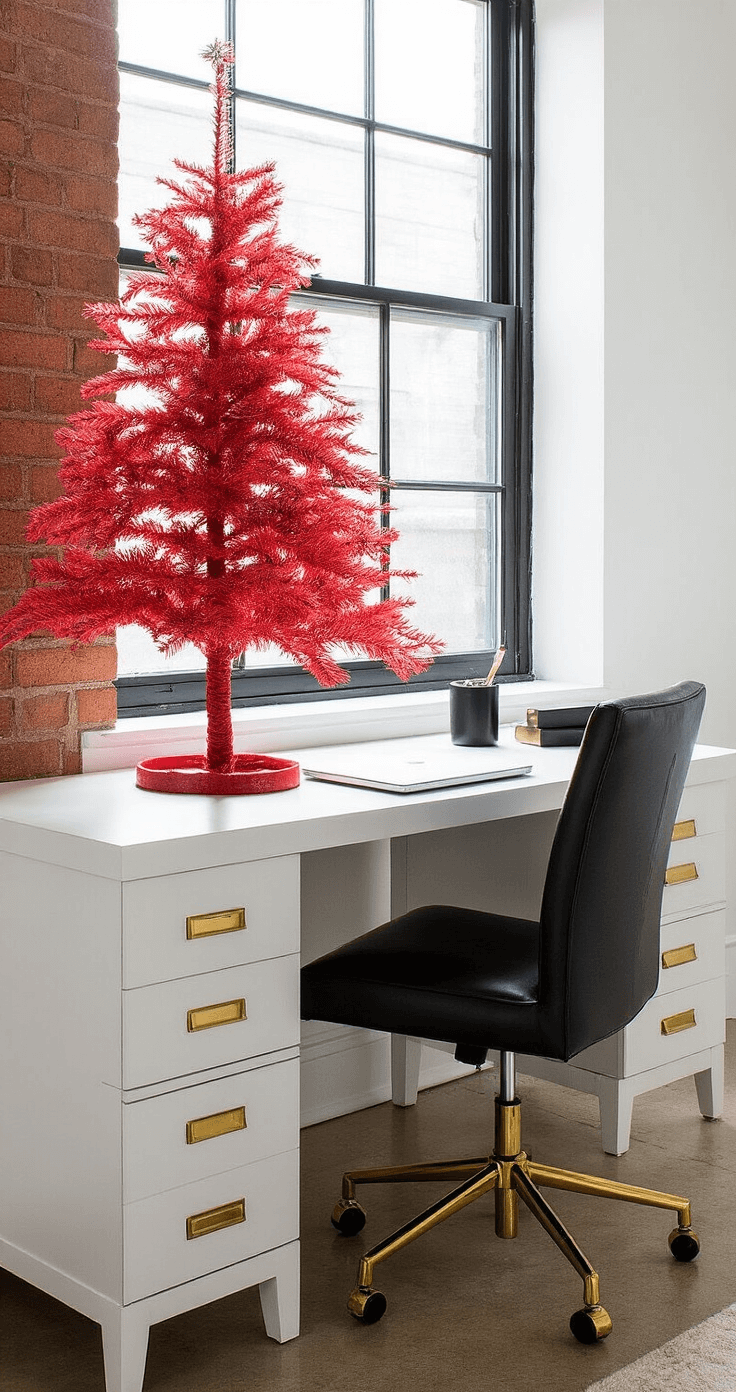 Bold & Brilliant: Styling a Red Christmas Tree That Transforms Your Holiday Decor Intimate home office nook featuring a red tabletop tree on a white lacquered desk, illuminated by natural light from an industrial window, with black and gold office accessories, a modern black leather chair, and an exposed brick wall in a minimalist style.