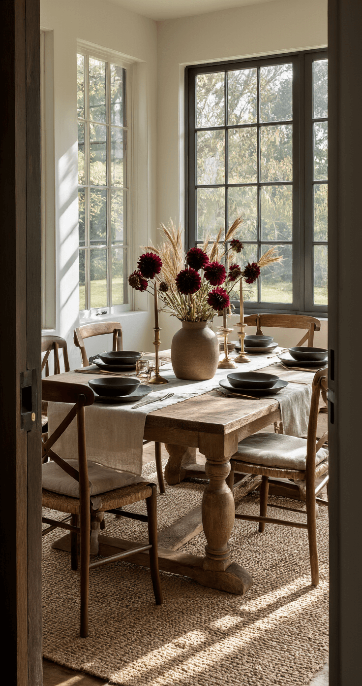 A cozy dining area featuring a weathered oak farmhouse table with an olive linen runner and brass candlesticks, surrounded by walnut ladder-back chairs with cream cushions, illuminated by late afternoon light casting shadows through windowpanes. A bouquet of burgundy dahlias and dried wheat in a ceramic vase adds a rustic touch, complemented by vintage copper chargers and matte black stoneware plates on the table.