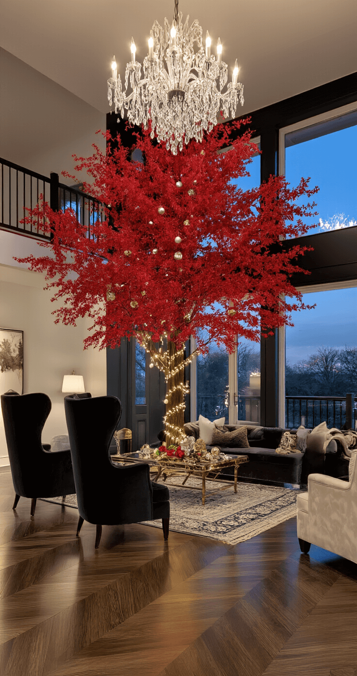 Bold & Brilliant: Styling a Red Christmas Tree That Transforms Your Holiday Decor An expansive open-concept great room at dusk, featuring a dramatic 8ft red Christmas tree adorned with ornaments, ambient light from a crystal chandelier, flanked by charcoal velvet wingback chairs. The black and gold color scheme is accented with emerald pops, with herringbone hardwood floors reflecting soft lighting and multiple seating areas with luxe textures.