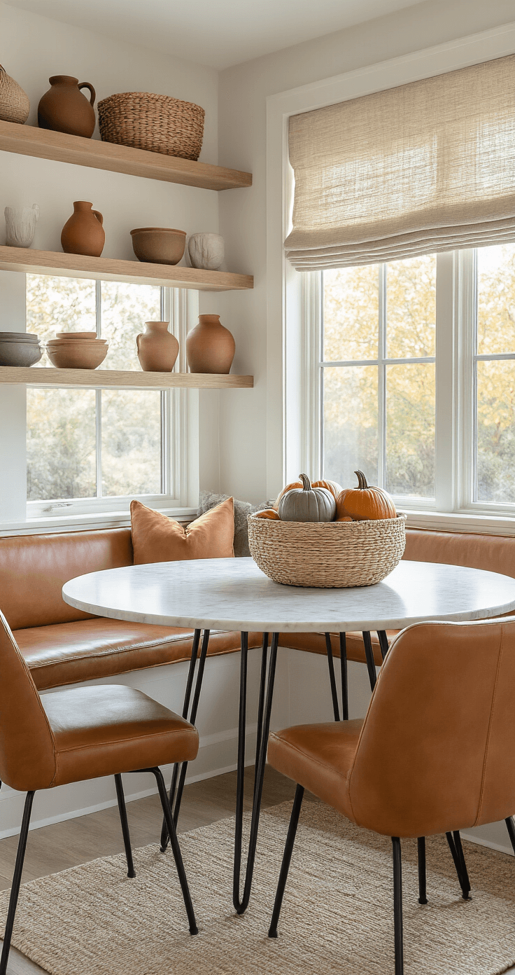 Modern kitchen nook featuring a round marble table and cognac leather chairs, illuminated by morning light streaming through a bay window, with a woven basket of heirloom pumpkins and artisanal pottery on floating shelves.