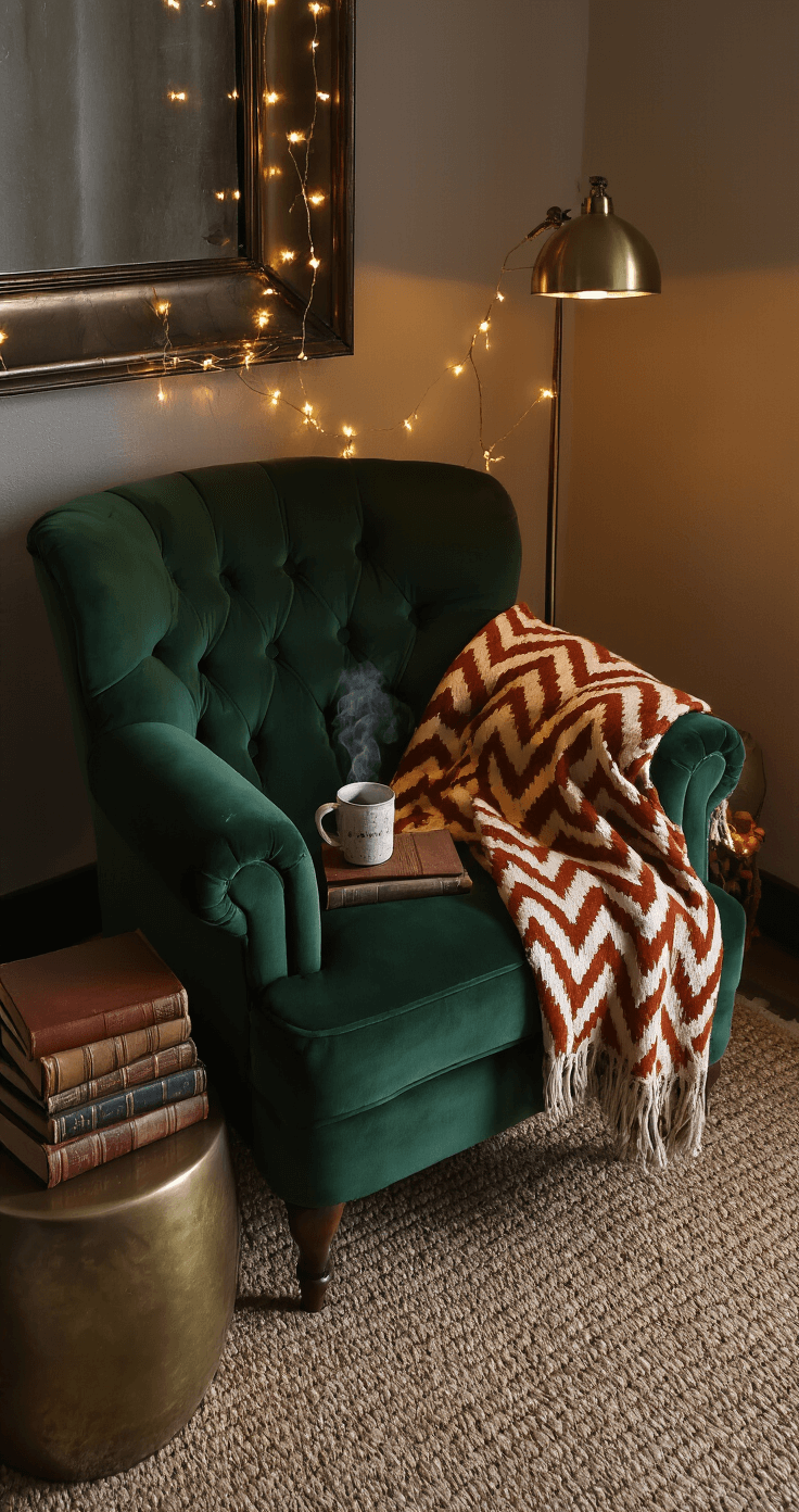Cozy reading corner featuring a plush forest green armchair, warm ambient lighting from string lights, and a vintage brass side table with stacked leather-bound books and a steaming ceramic mug, all set on a natural fiber carpet.