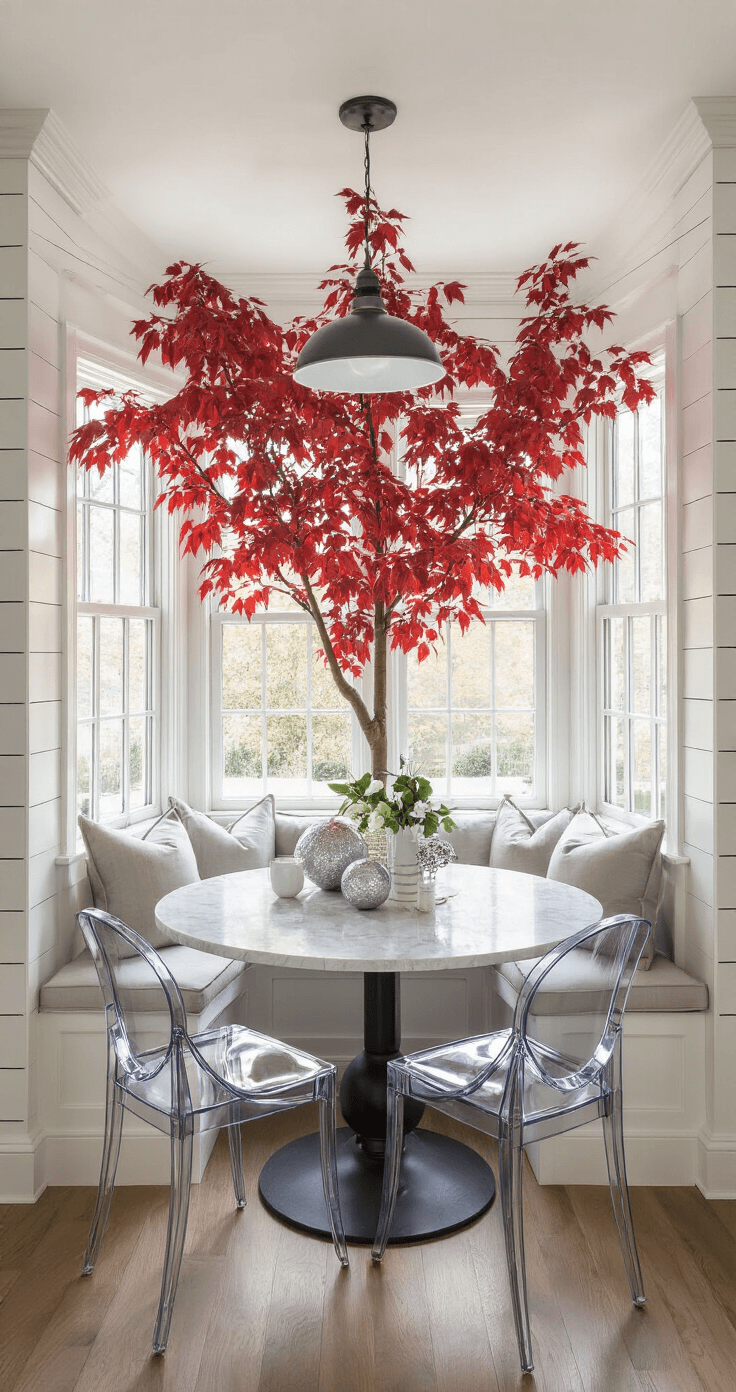 Bold & Brilliant: Styling a Red Christmas Tree That Transforms Your Holiday Decor A cozy breakfast nook filled with morning light, featuring a 5ft red tree adorned with white and silver decor, a rounded marble table with ghost chairs, and mixed metallic ornaments, all set against white shiplap walls.