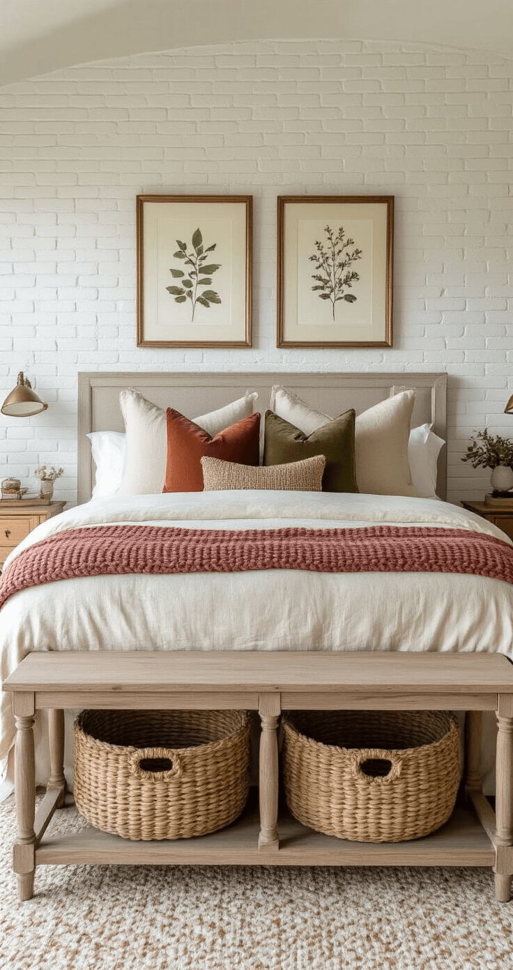 A cozy master bedroom vignette featuring a king bed adorned with a cream linen duvet, a chunky terracotta knit throw, and mixed fall-toned pillows, set against a whitewashed brick accent wall with botanical art. Beneath a vintage pine console, woven water hyacinth baskets add texture, all softly illuminated by early morning light.