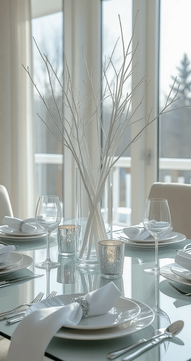 A Magical Christmas Dining Table Decor: Your Ultimate Guide to Festive Entertaining Modern open-concept dining area with floor-to-ceiling windows, featuring a minimalist ice-blue and silver winter wonderland theme, elegant table settings, and ethereal afternoon light.