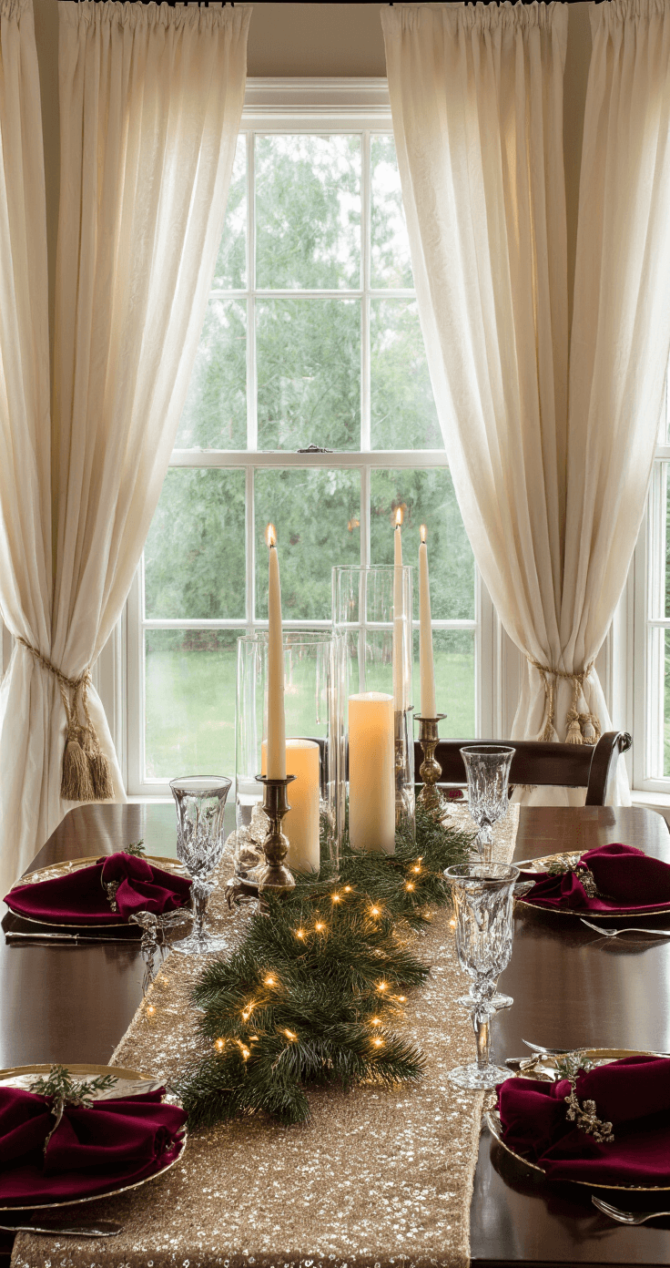 A Magical Christmas Dining Table Decor: Your Ultimate Guide to Festive Entertaining A sophisticated 16x18 dining room featuring a dark cherry table adorned with a champagne sequined runner, towering glass hurricane lanterns with ivory candles, and fresh cedar garland intertwined with warm white fairy lights, all illuminated by natural light filtering through sheer curtains. Gold-rimmed china on burgundy velvet placemats, along with crystal stemware and vintage silver, create an elegant and festive atmosphere.